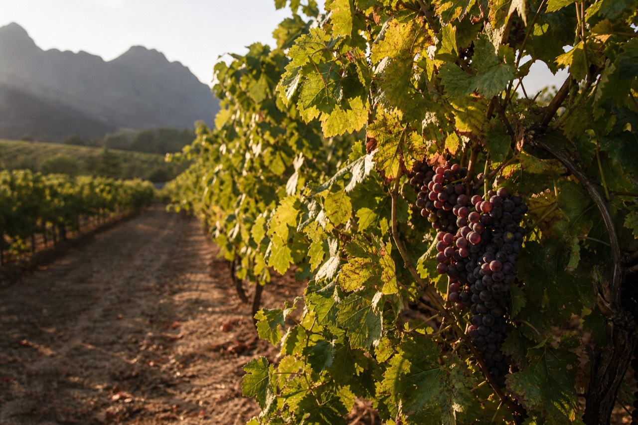 Deep-red grape bunches hanging on a vine in late-afternoon light with a blurred mountain vineyard behind, dusty leaves, no labels, no text, no people
