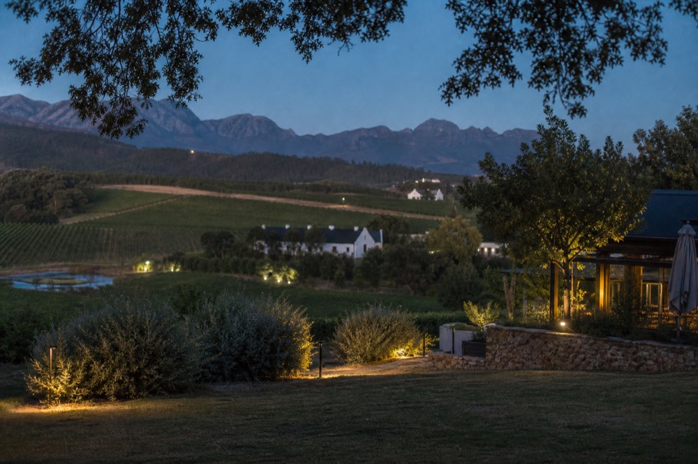 Rows of green vineyard stretching across a valley toward a blue mountain ridge with a scattering of farm buildings, warm late-afternoon light, no signs, no text, no people