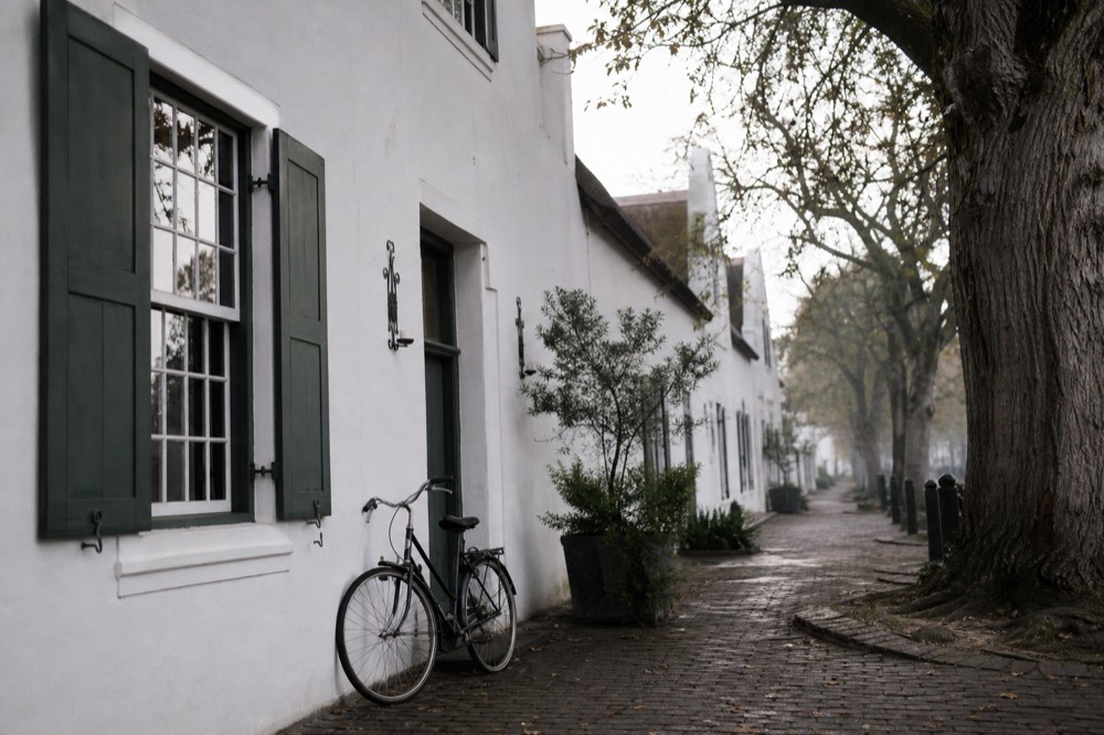 A quiet historic street of whitewashed Cape Dutch buildings with wooden shutters and oak trees, a bicycle leaning against a wall, soft morning light, no signage, no text, no people