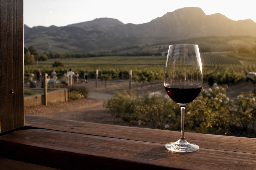 A single glass of red wine on a wooden ledge with a blurred sunlit vineyard and mountains behind, warm afternoon light, no label, no text, no visible face