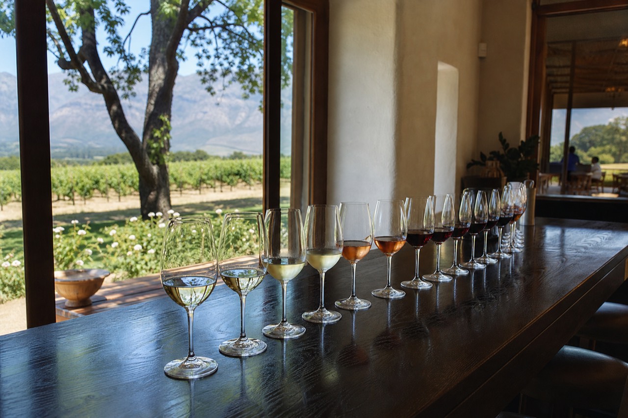 A tasting counter with a row of glasses moving from pale straw white to deep garnet red beside a green vineyard view through a window, soft daylight, no labels, no text, no people