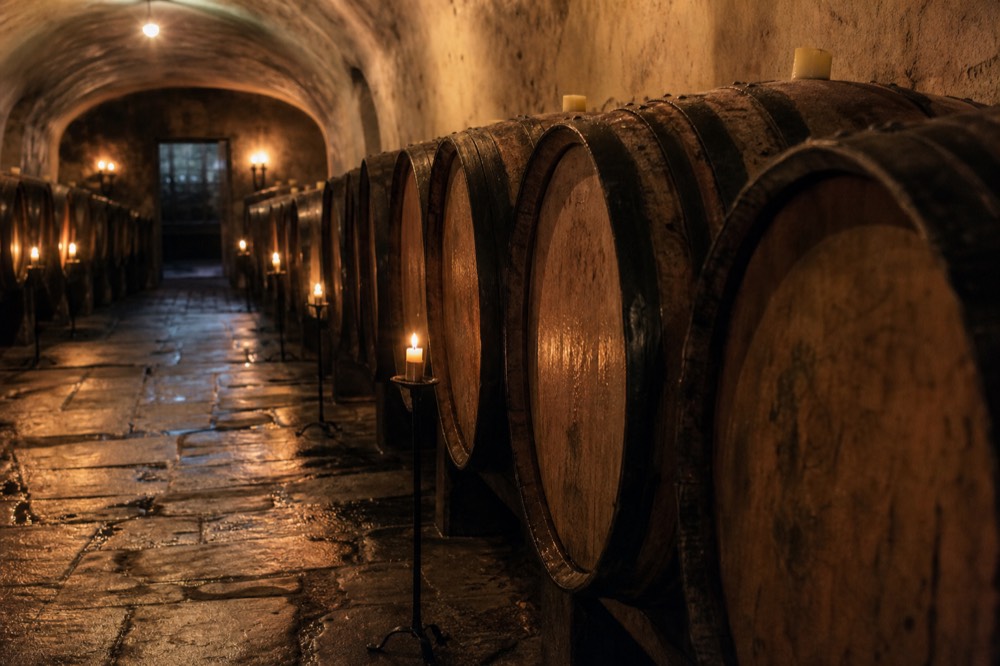 Rows of old oak barrels in a dim stone cellar lit by warm lamps and a few candles, damp flagstone floor, condensation on the barrel ends, no text, no logos, no people