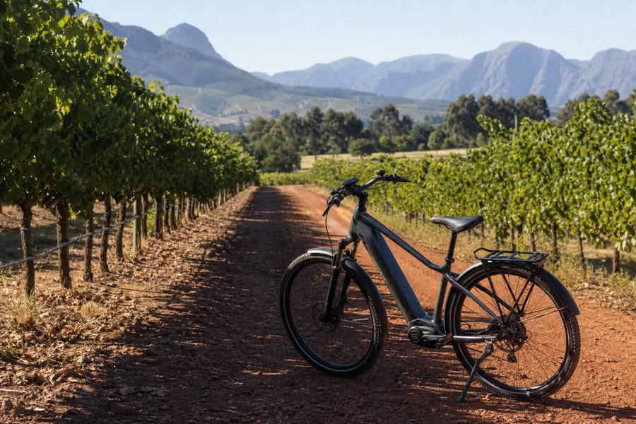 An electric bike parked on a gravel vineyard back-road between rows of vines in the Stellenbosch winelands, mountains rising in the background