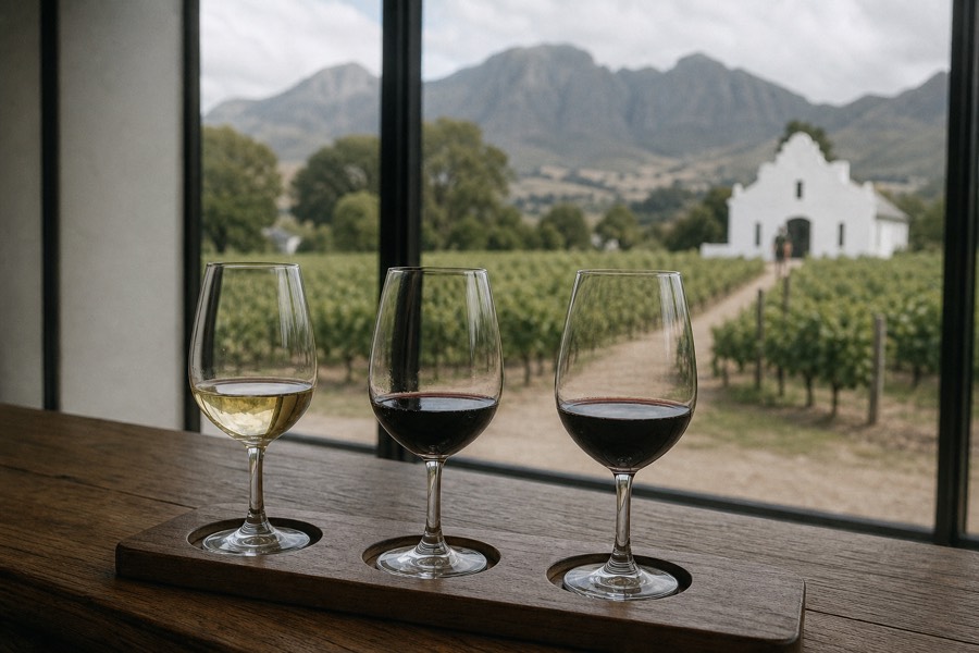 A short afternoon tasting flight of two reds and a white on a timber counter, a Stellenbosch vineyard and gabled cellar door beyond in soft daylight