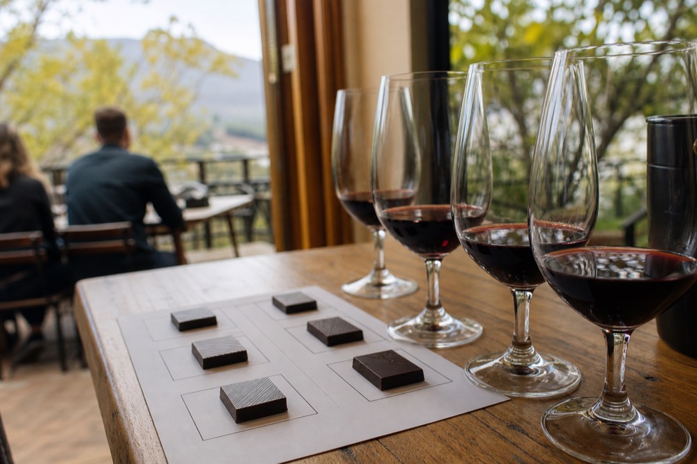 A close-up of a hand-sized tasting mat with numbered squares of chocolate beside small glasses of red wine, soft window light, blurred greenery outside, no text, no labels, no faces