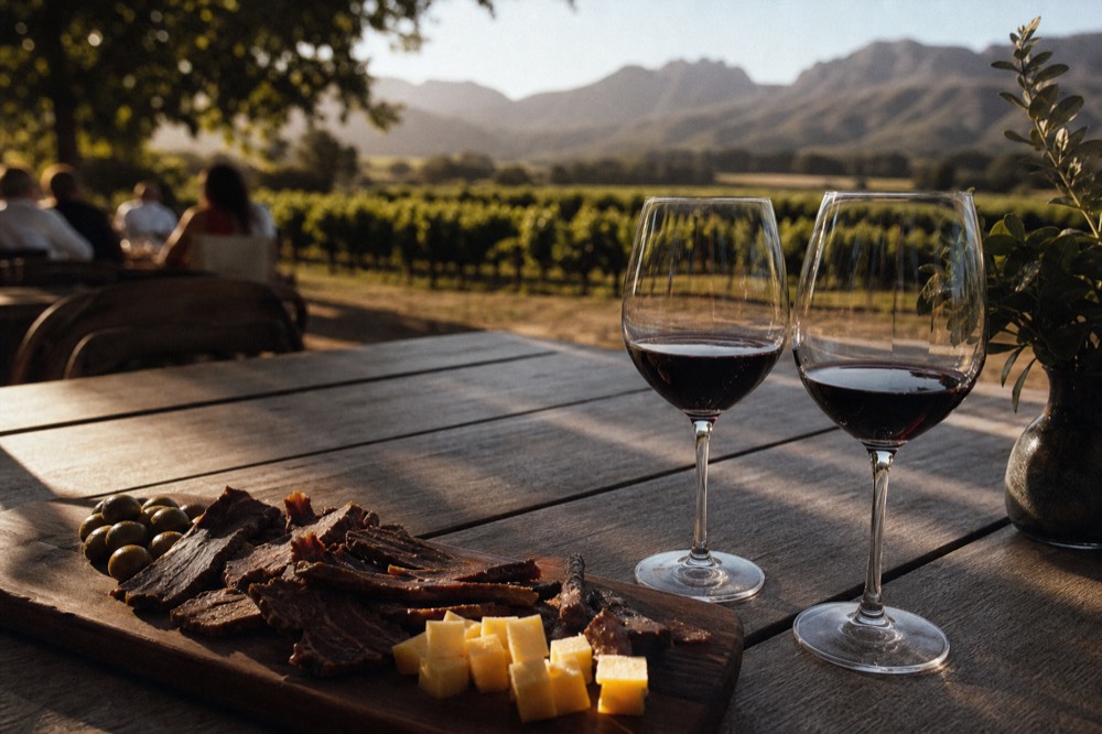A rustic board of dark biltong slices, olives and cubed cheese beside two glasses of red wine on a wooden estate table, blurred vines behind, no text, no logos, no faces