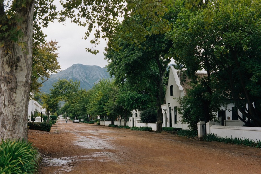 A sunlit village street lined with oak trees and low whitewashed gabled buildings, mountains at the end of the road, no readable signs or faces