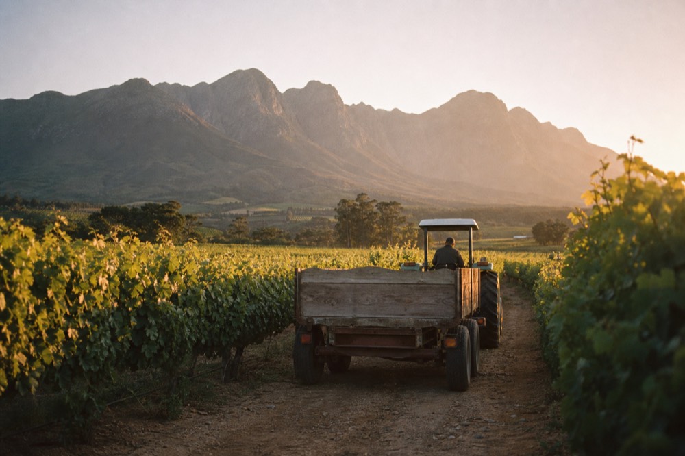 A rustic open trailer pulled by a tractor moving slowly along a dirt track between vineyards, mountains behind, warm afternoon light, no people or signage