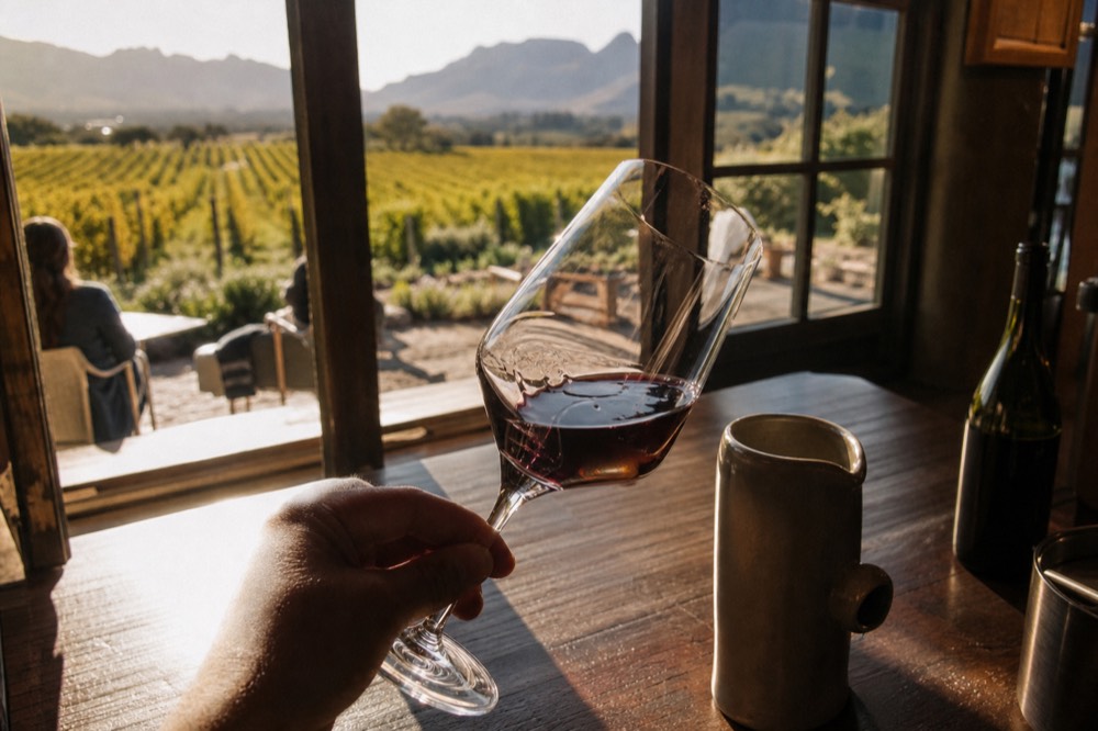 A hand tilting a glass of red wine over a wooden tasting counter with vineyards and mountains blurred beyond an open window, warm light, no faces or text