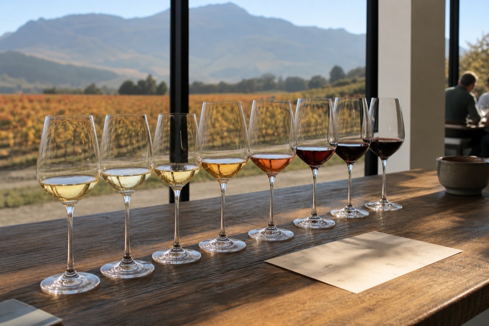 A flight of wine glasses graded from pale white to deep red on a wooden counter beside a tasting card, blurred vineyard and mountains through a window, soft light, no readable text, no branding