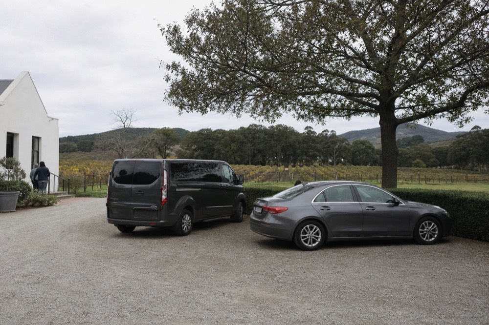 A small-group van and a private sedan parked at a cellar-door forecourt with vineyard rows and oak trees behind, empty, soft daylight, no signage, no text, no faces