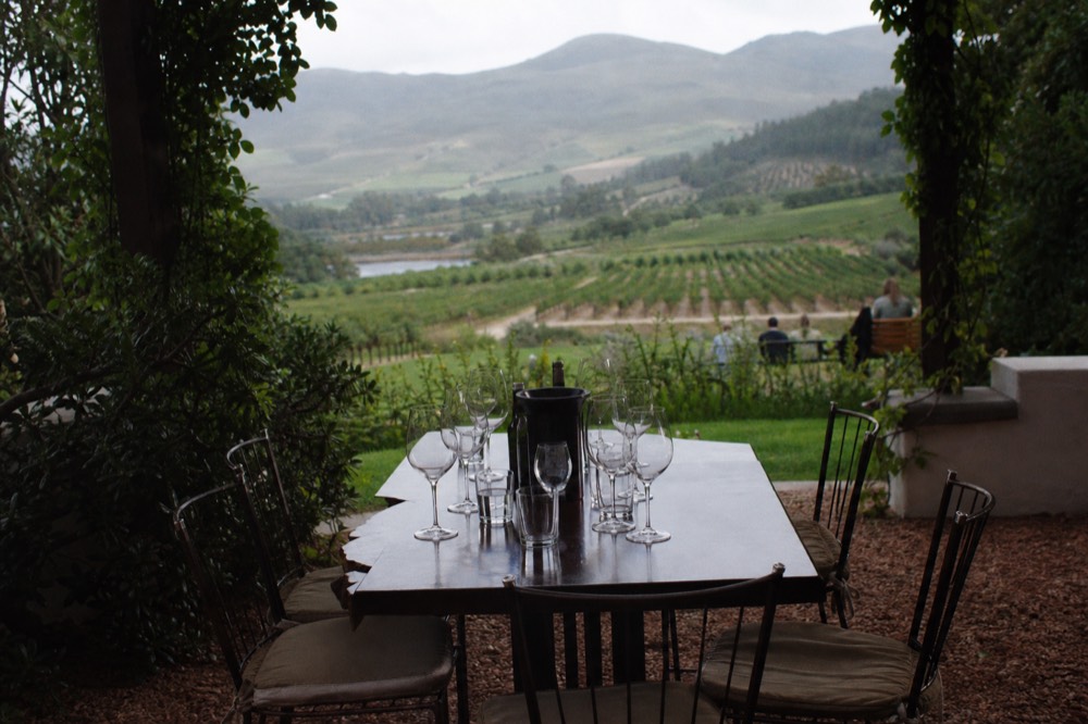 A private tasting table set for a small group on a shaded estate terrace with wine glasses and vineyard views, empty chairs, warm afternoon light, no signage, no text, no faces