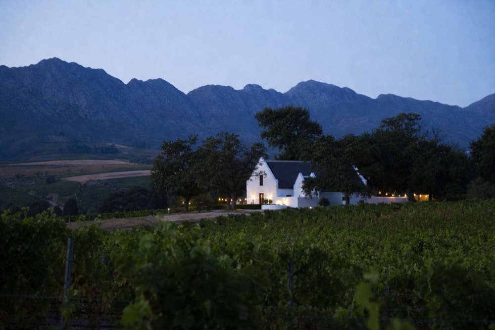 A wide vineyard valley with a whitewashed gabled cellar building among oak trees, blue mountains behind, soft morning light, no text or logos or people