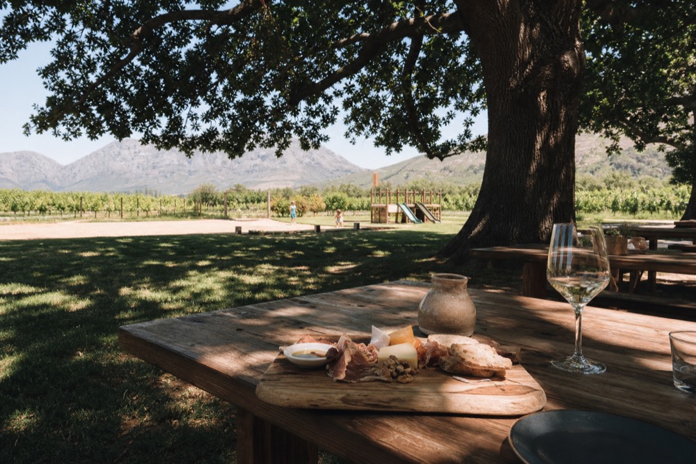 A relaxed outdoor deli terrace with wooden tables under trees, a lawn and play area beyond, mountains in the distance, soft daylight, no people, no signs, no text