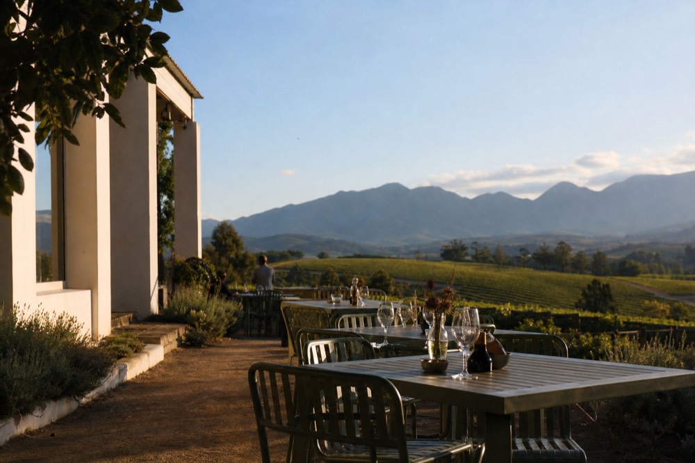 A relaxed cellar-door terrace with empty tables and tasting glasses overlooking vineyard rows and blue mountains in soft late-afternoon light, no signage, no text, no faces