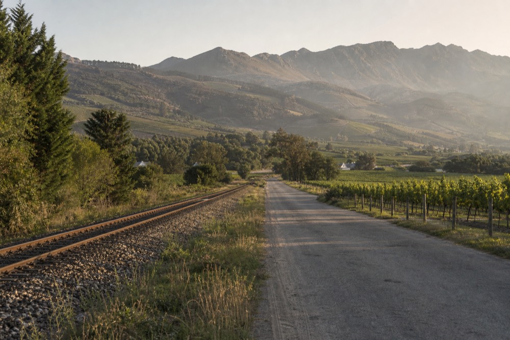 A single-track rail line and a quiet road running side by side through a green valley of vineyards with mountains behind, no vehicles, no signage, no text, no people