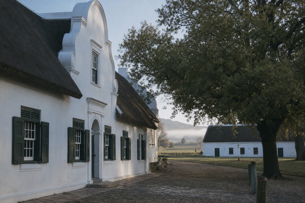 A whitewashed Cape Dutch building with a curved gable and green shutters facing a quiet oak-shaded square, a low white historic powder-magazine building across the green, soft light, no signs, no text, no people
