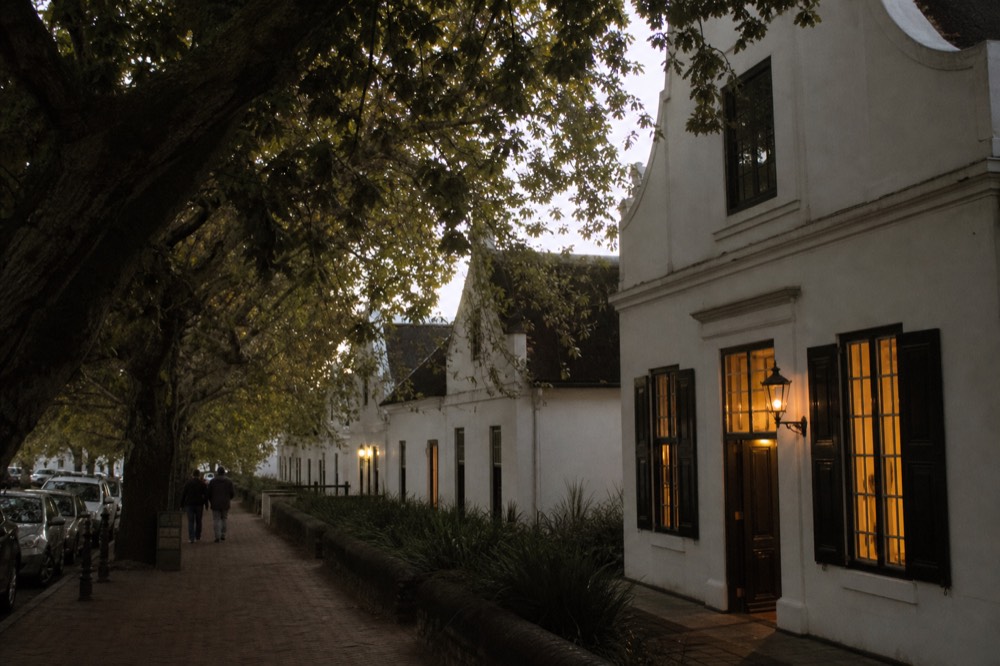 An oak-lined historic street of whitewashed Cape Dutch buildings in a winelands town at dusk with warm window light, no readable signs, no text, no faces