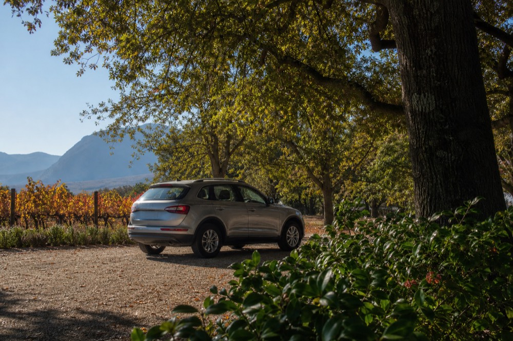 A private touring vehicle parked on a gravel estate drive lined with vineyard and oak trees in morning light, no visible branding, no people, no text