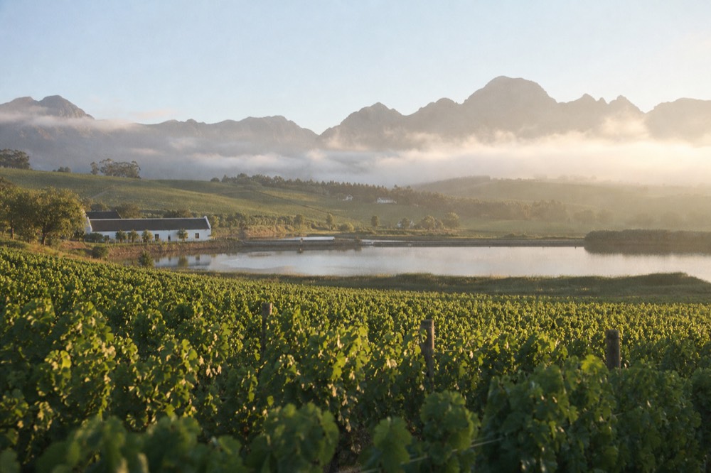 A wide sweep of green vineyard rows on gently rolling ground with a low whitewashed cellar and dam in the middle distance and mountains behind, soft light, no text, no logos, no people