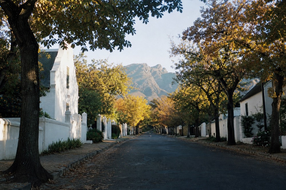 Oak-lined street in a small historic town with whitewashed gabled buildings and mountains rising at the end of the road, soft morning light, no signage, no text, no people