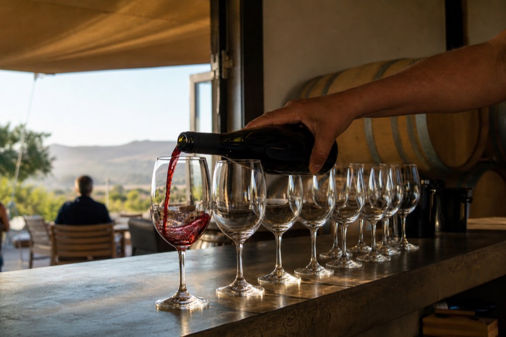 A hand pouring red wine into a stemmed glass at a cellar-door counter with a row of empty tasting glasses waiting, warm side light, blurred barrels behind, no text, no logos, no faces