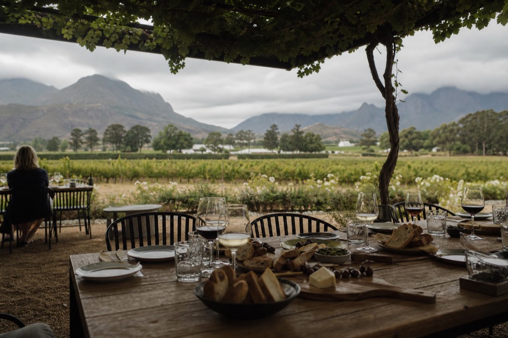 A long lunch table on a vine-shaded terrace set with plates of cheese, bread and olives beside glasses of red and white wine, blurred vineyard and mountains behind, no text, no logos, no faces